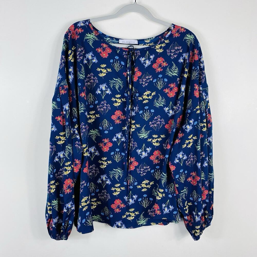 Eloquii Size 24 Elements Floral Print Balloon Sleeve Blouse Top Blue - Picture 3 of 7